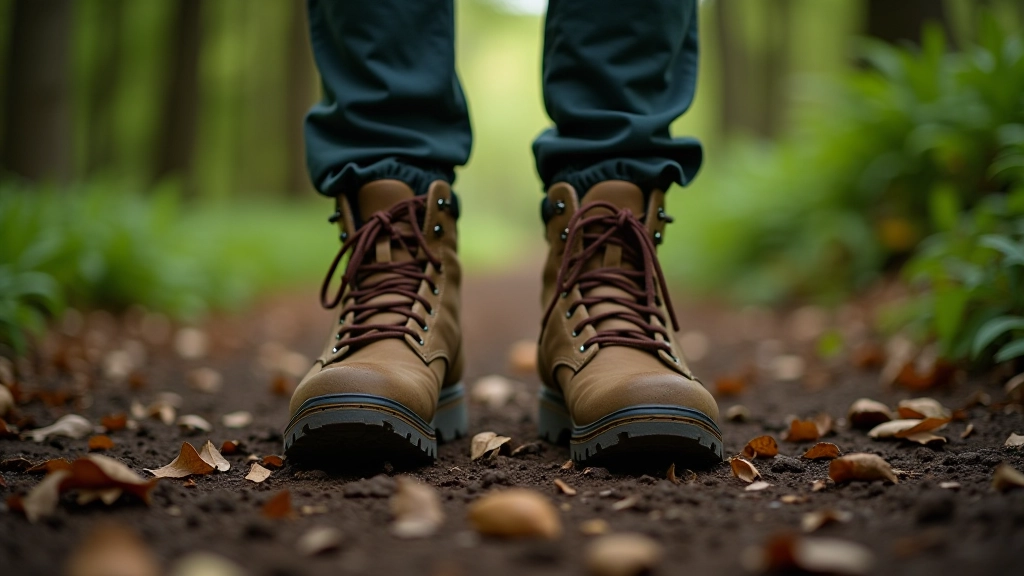 Close-up of worn hiking boots on forest path with damp earth and fallen leaves
