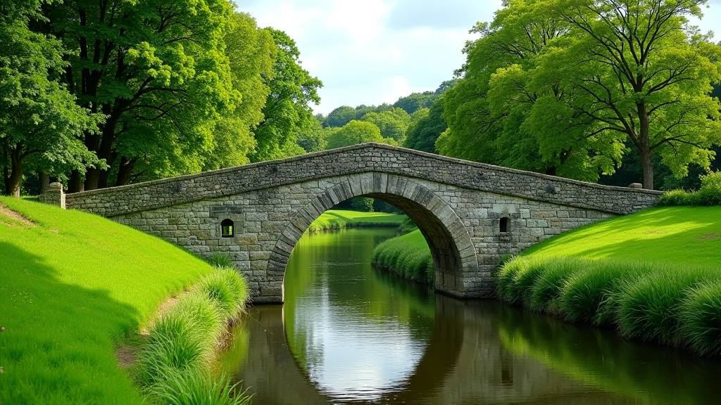 Stone bridge crossing over calm river with green meadows and trees on both banks in County Meath