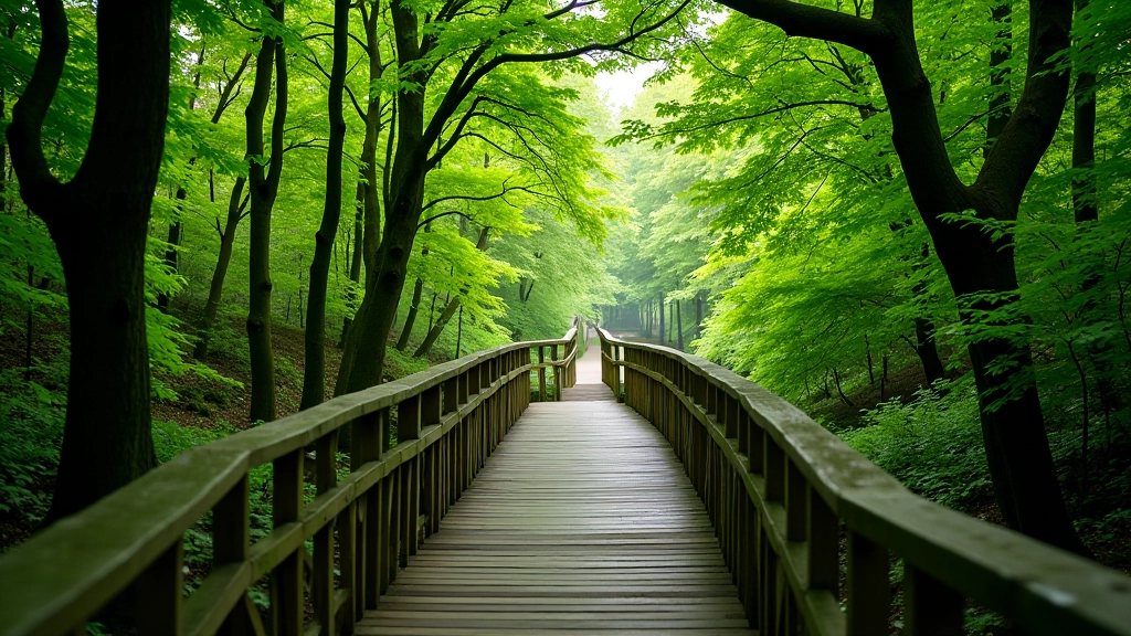 Meandering river path with wooden handrails through dense forest and tree-lined corridor