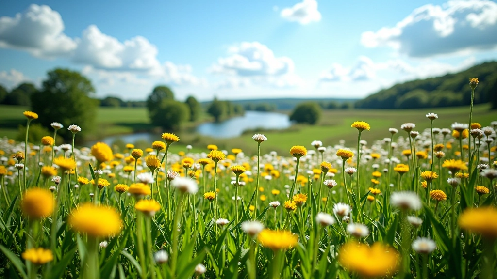 Peaceful meadow with wildflowers beside the Boyne River under blue sky with white clouds