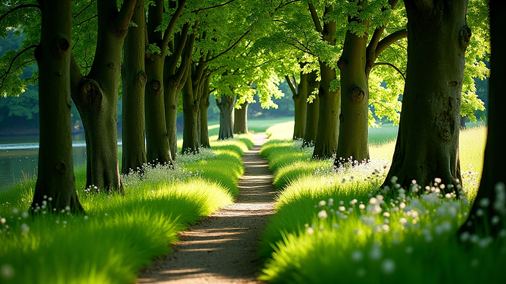 Scenic riverside walking path with mature trees and wildflowers alongside the Boyne River