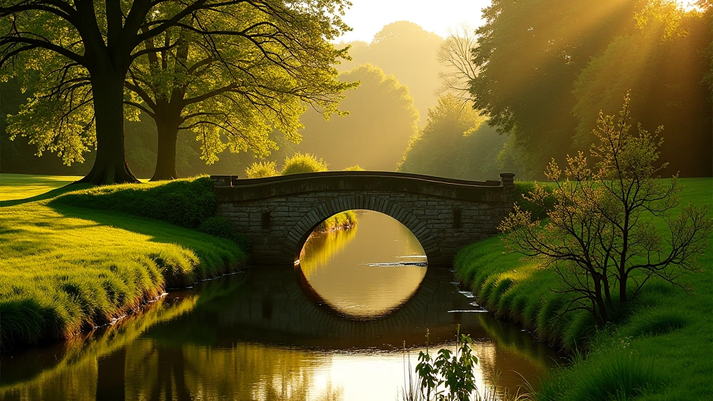 Stone bridge spanning tranquil river with meadow pathway