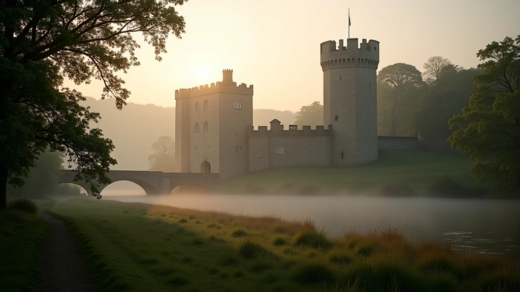 Trim Castle viewed through morning mist with Boyne River in foreground and meadow landscape