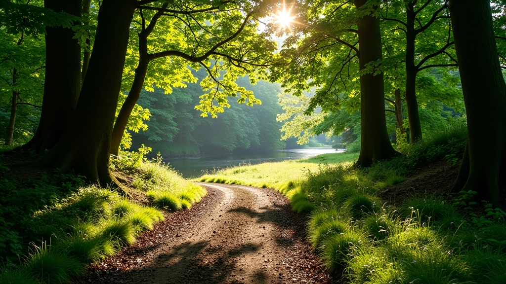 Wooded forest path with dappled sunlight filtering through oak and ash trees, river glimpsed through vegetation on left side, earthy trail surface