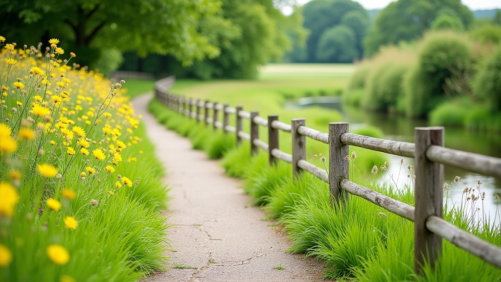 Wooden handrails along riverside path curving through meadow, wildflowers blooming on grass verges, river visible on right side